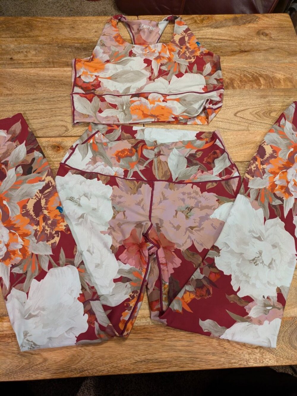 Colorado Threads Burgundy Floral Longline Sports Bra and Yoga Pants, LARGE